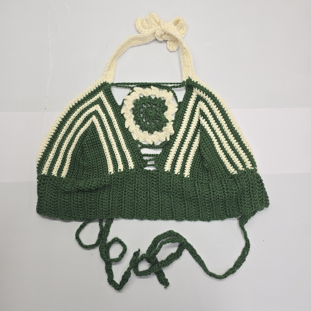 Handmade Crochet Halter Crop Top Green Cream Boho Festival Granny Square Knit
